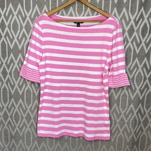Lauren Ralph Lauren Boat Neck 3/4 Sleeve Tee Pink & White Size: Large